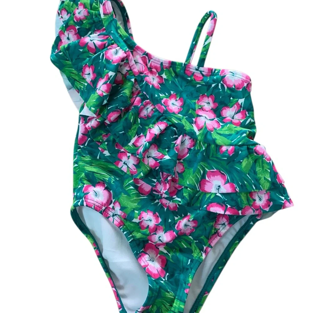 Janie and Jack Green Recycled Hibiscus Ruffle Swimsuit